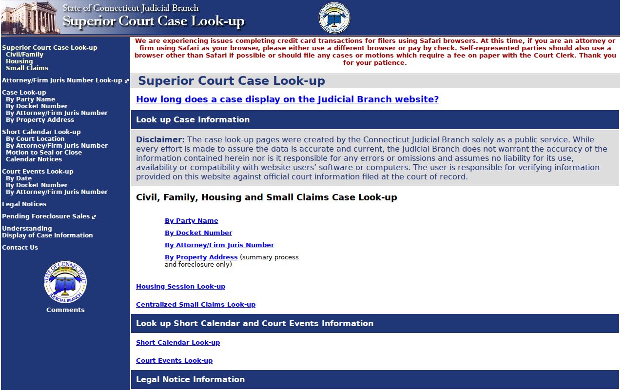 Guilford residents directory, civil party and docket inquiry