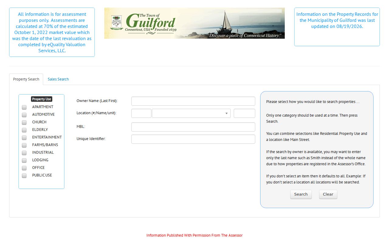 Guilford residents directory, Assessor property card search